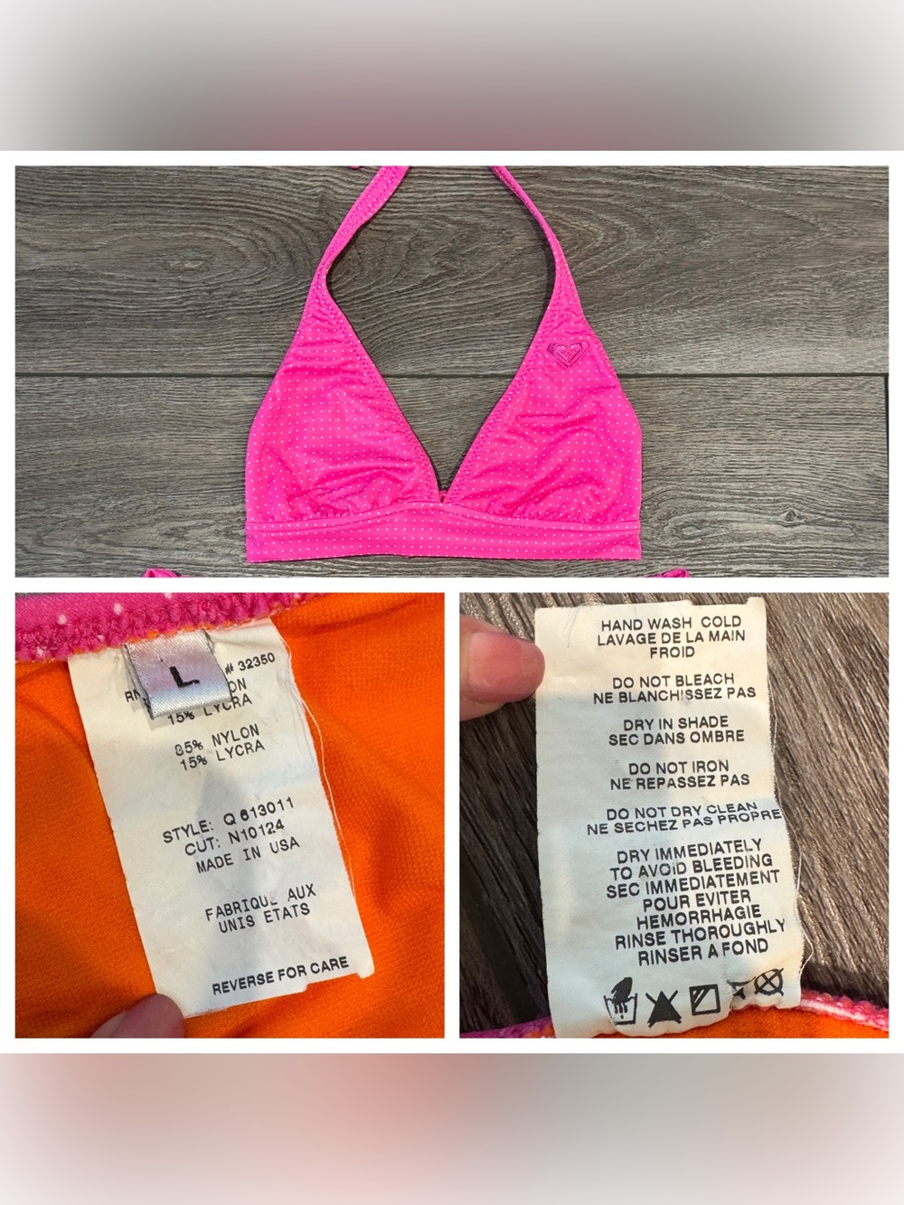 Roxy Pink White Micro Polka Dot Halter Bikini Set Size L Top M Bottom - Picture 9 of 9